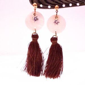 Mother of Pearl Rhinestone Tassel Drop Pierced Earrings